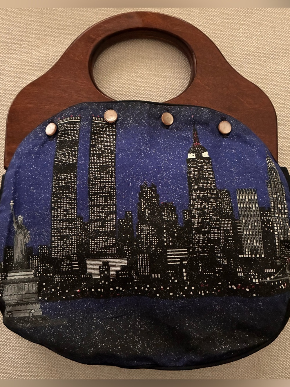 Burlington Bermuda Bag Handbag Wood Handles 4 Button NYC Skyline Cover 1970s